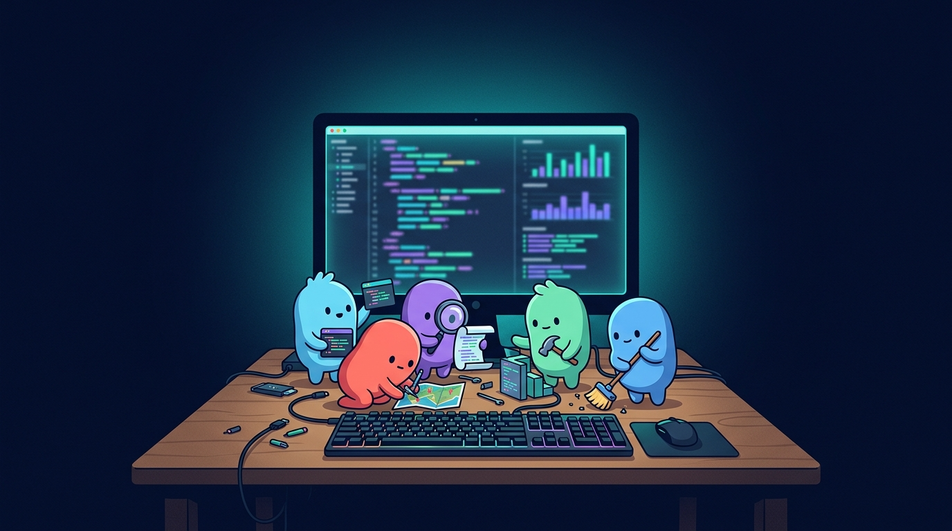 Illustration of small colorful creatures working on a desk in front of a glowing monitor, one reading a map, one with a magnifying glass, one with a hammer, one sweeping up.